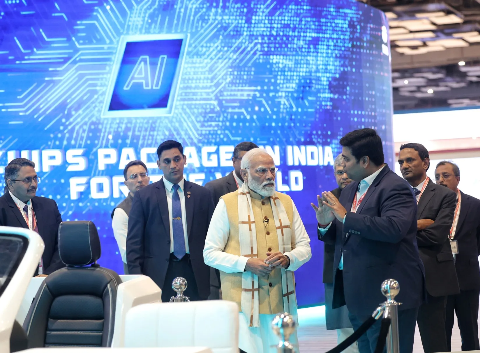 Narendra Modi at the India AI Impact Summit 2026 in New Delhi in an image released by the India Press Information Bureau on Feb. 16.