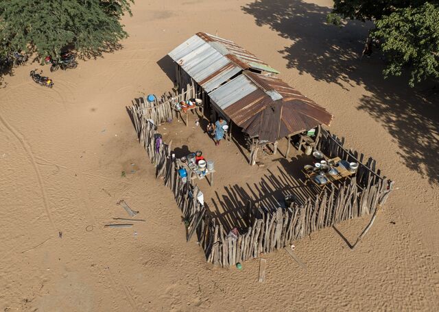 An aerial view of a ranchería.