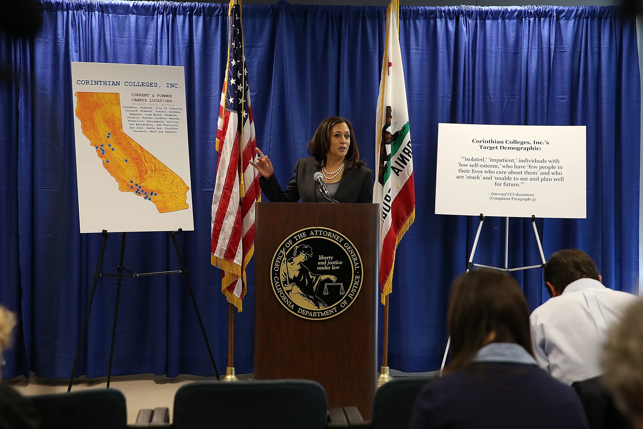 Kamala Harris announced the filing of a lawsuit against Corinthian Colleges in San Francisco in 2013.
