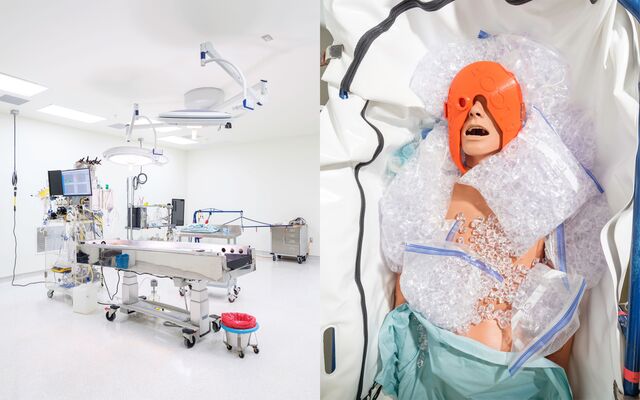 An operating room (left) where protectants are injected into bodies to prevent freezing that might damage organs during cryopreservation; a post-death cooling procedure is demonstrated using a dummy.