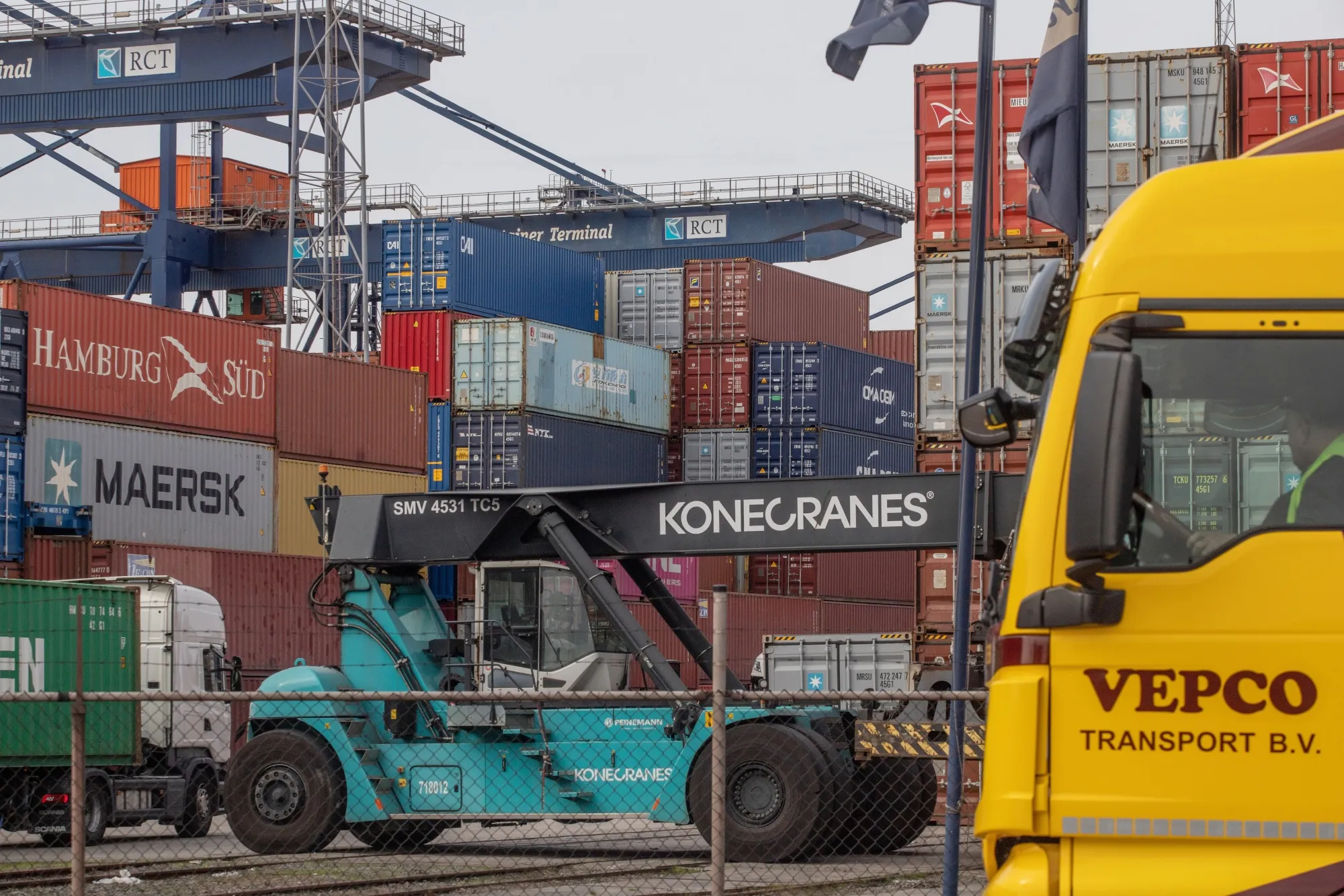 Shipping containers idled at the Port of Rotterdam in Rotterdam, Netherlands.&nbsp;