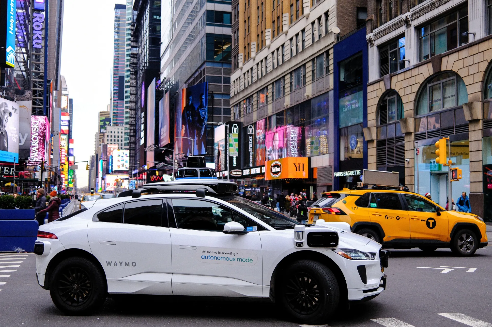 A Waymo self-driving car testing in Manhattan in December 2025.&nbsp;