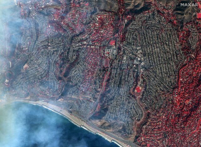 Shortwave infrared (SWIR) overview image of Palisades Fire damage, Jan 9, 2025