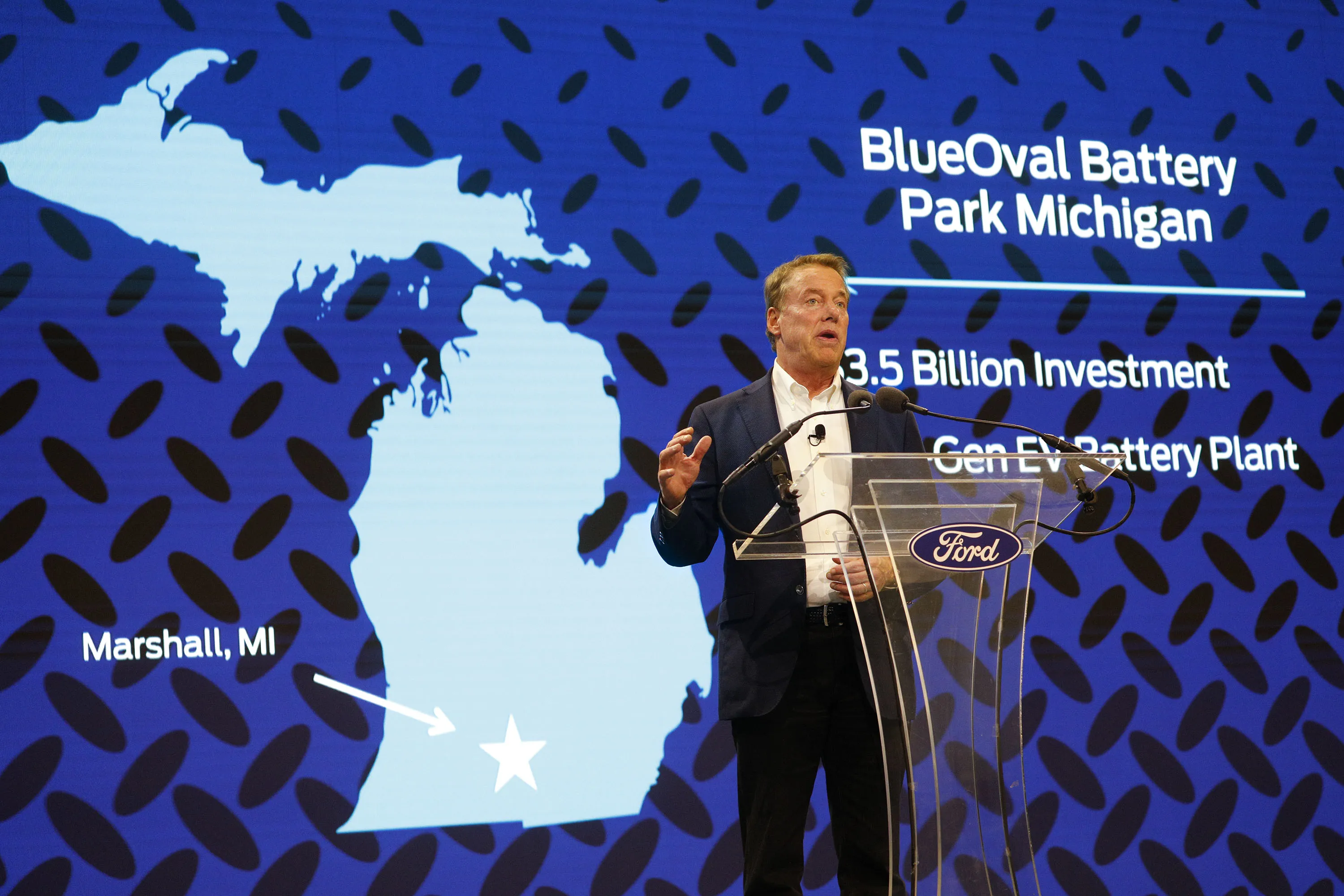 Bill Ford during a news conference&nbsp;announcing the&nbsp;electric-vehicle battery plant in Marshall, Michigan on February&nbsp;13, 2023.