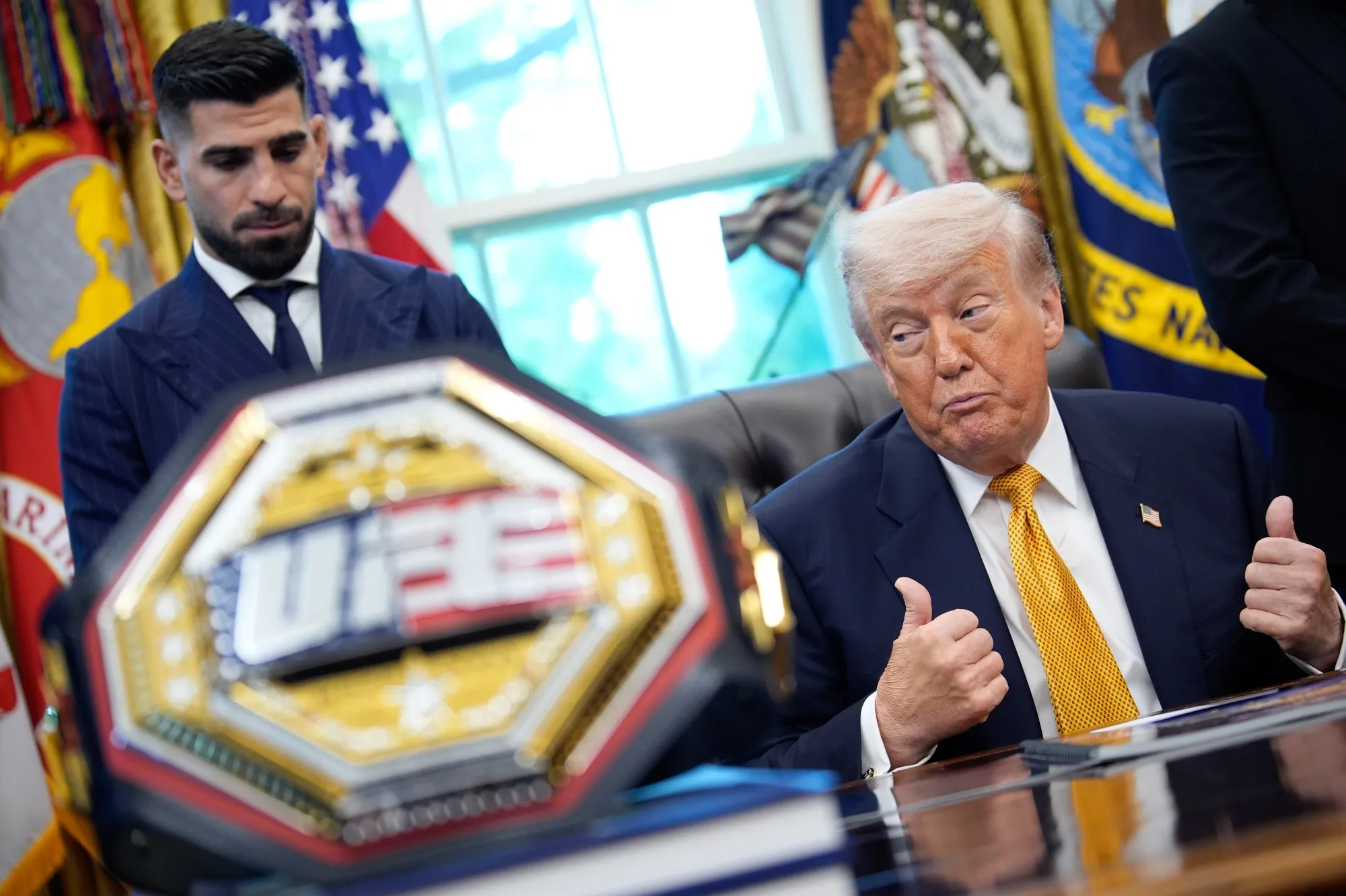 Trump and mixed martial artist Ilia Topuria in the&nbsp;Oval Office.&nbsp;