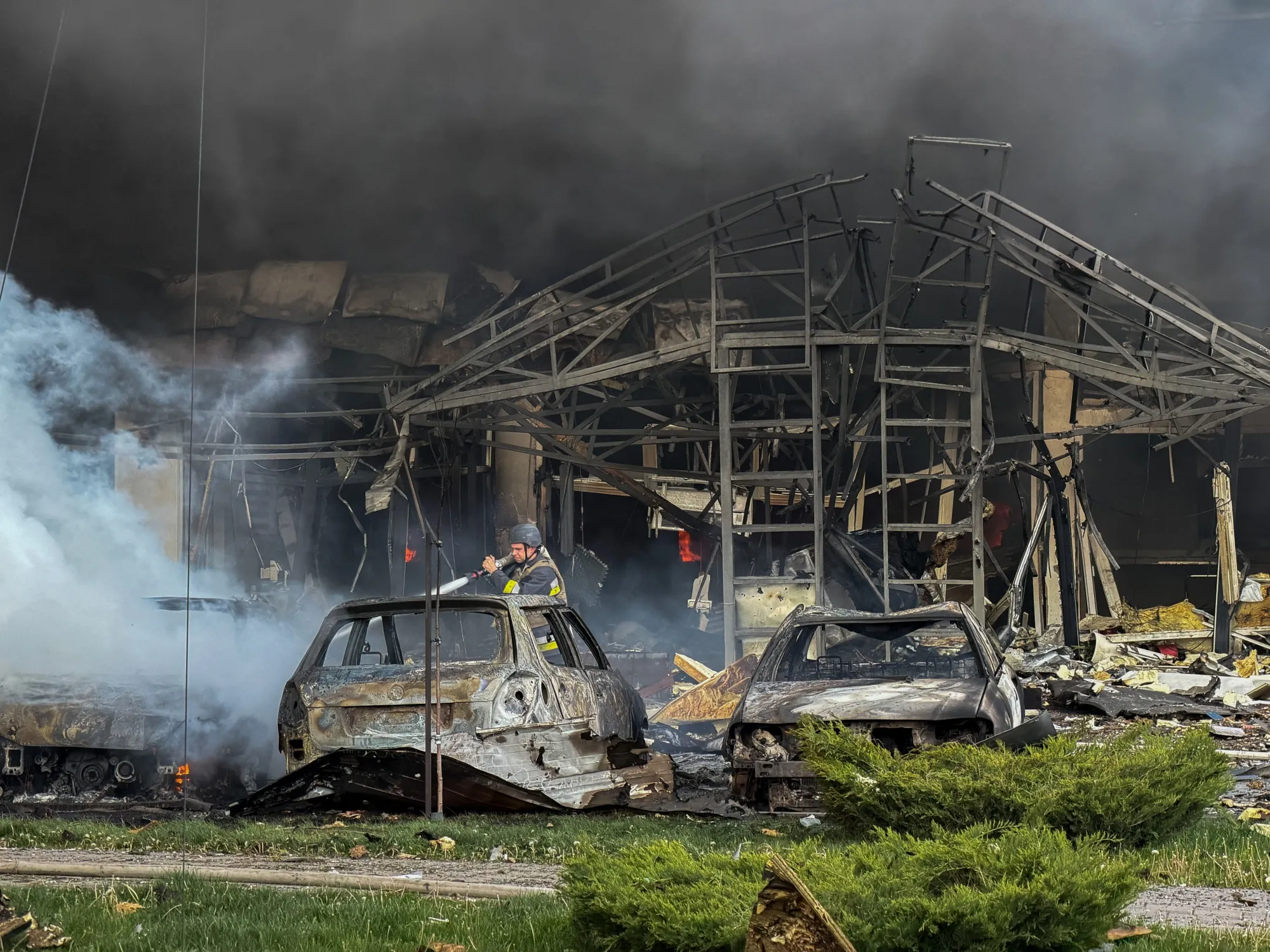 Damaged buildings after a Russian drone attack&nbsp;in Zaporizhzhia,&nbsp;on May 5.