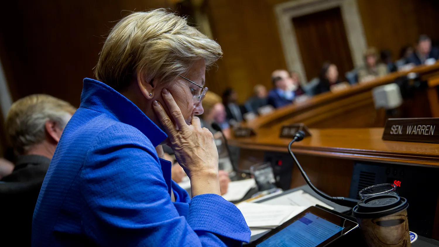 Senator Elizabeth Warren, a Democrat from Massachusetts, attends a Senate Energy and Natural Resources Committee business meeting to markup an original bill to approve the Keystone XL pipeline in Washington, D.C., U.S., on Thursday, Jan. 8, 2015.
