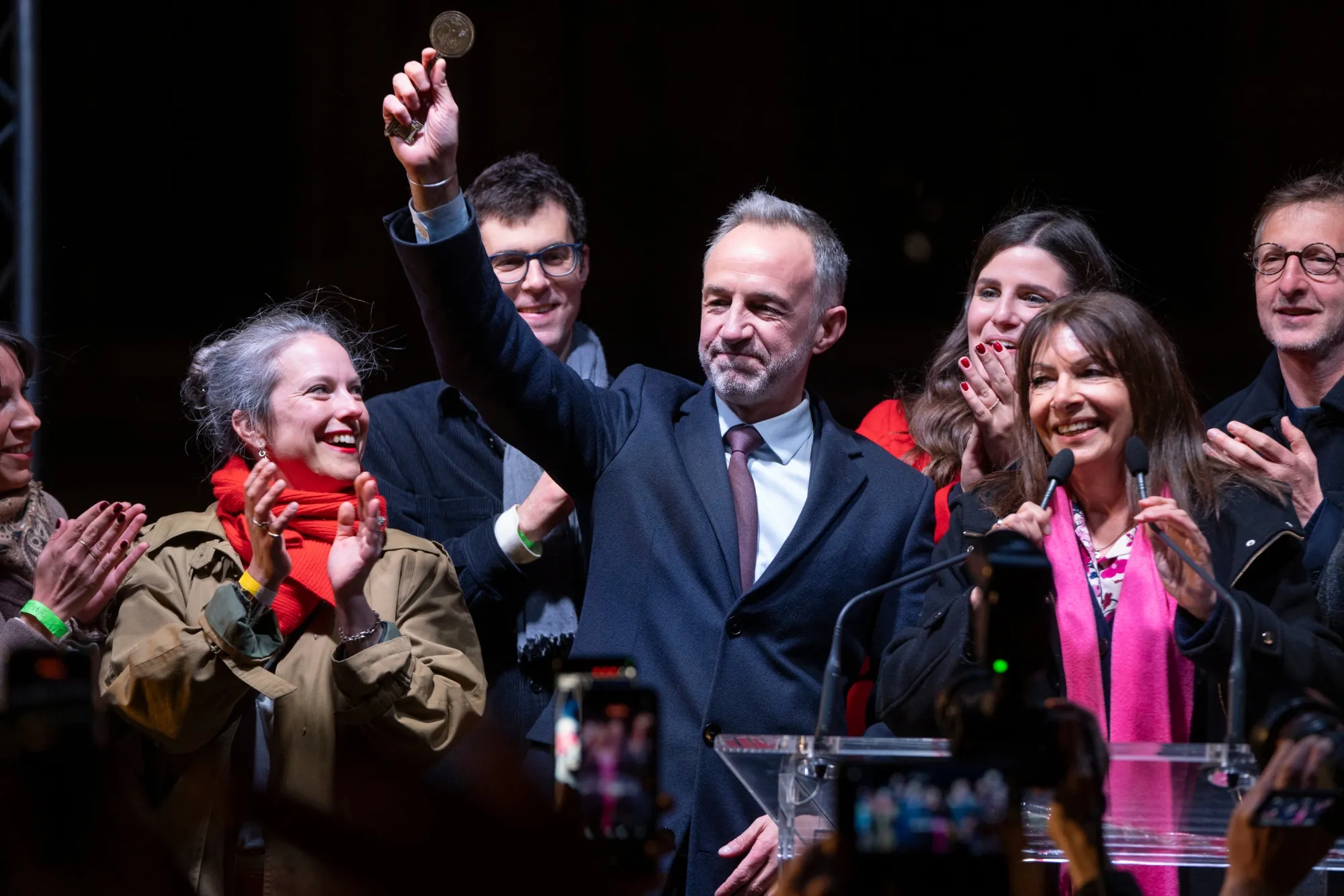 Emmanuel Gregoire receives the “Key of Paris” by Anne Hidalgo after winning mayoral election second round in Paris on March 22.