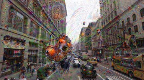 A cityscape explodes with life after a trip through DeepDream.