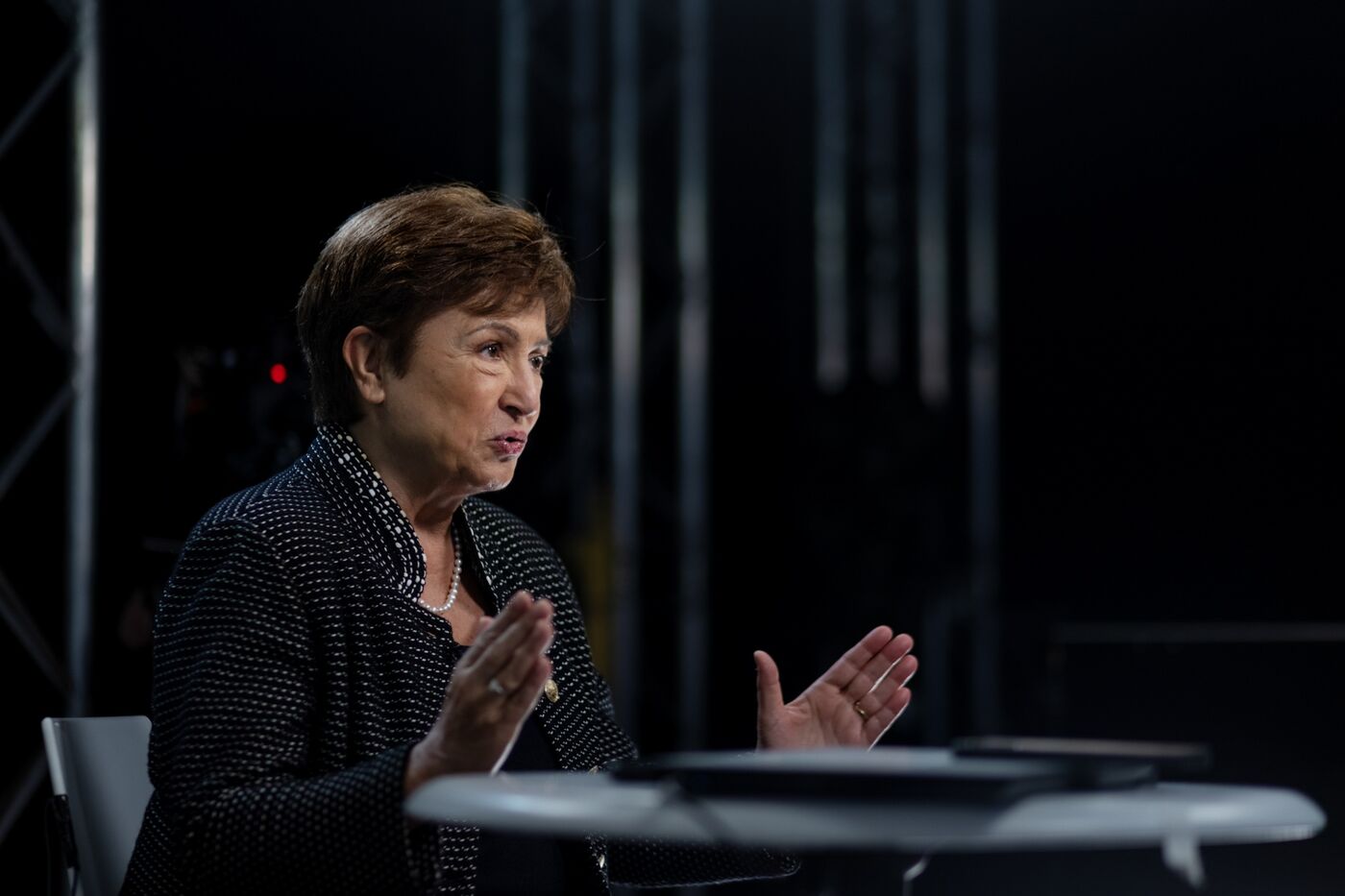 Kristalina Georgieva, managing director of the International Monetary Fund (IMF), speaks during a Bloomberg Television interview at the COP26 climate talks in Glasgow, U.K., on Tuesday, Nov. 2, 2021.&nbsp;