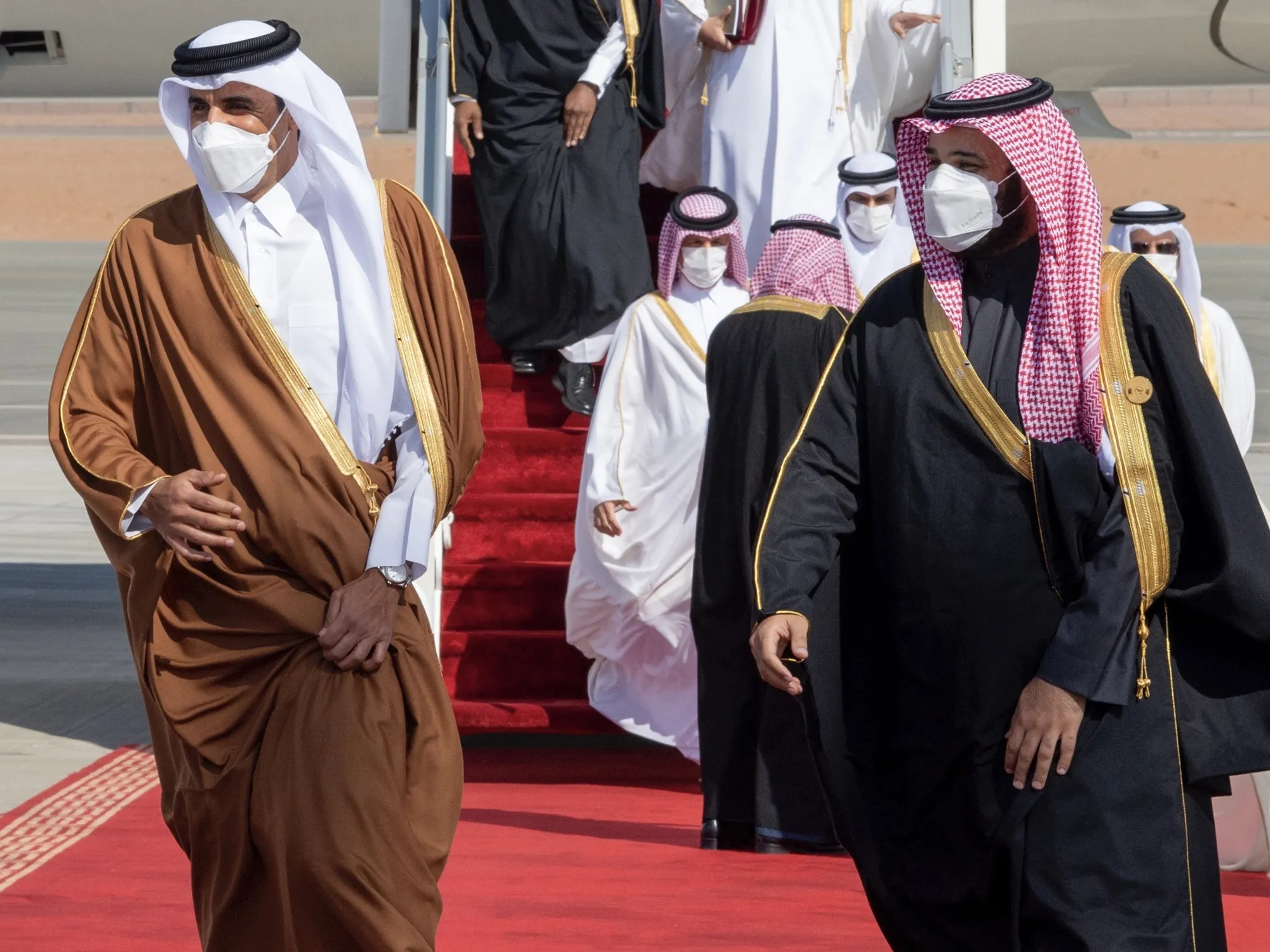 Sheikh Tamim bin Hamad Al Thani, left and Crown Prince Mohammed bin Salman in Al-Ula, Saudi Arabia on Jan. 5.&nbsp;