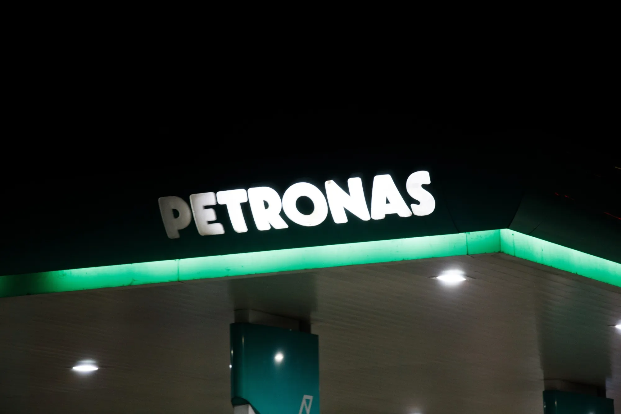A Petronas gas station at night in Shah Alam, Malaysia.