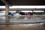 Homeless encampments sit along the I-35 frontage road in Austin, Texas on Feb.&nbsp;17.&nbsp;