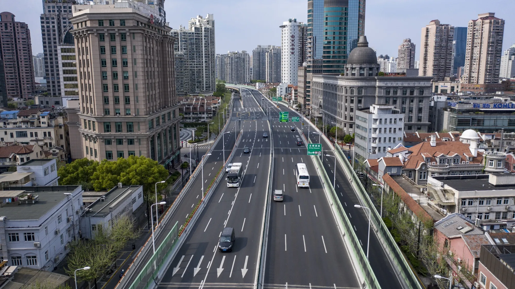 Nearly-empty roads during a lockdown due to Covid-19 in Shanghai, on April 12.&nbsp;