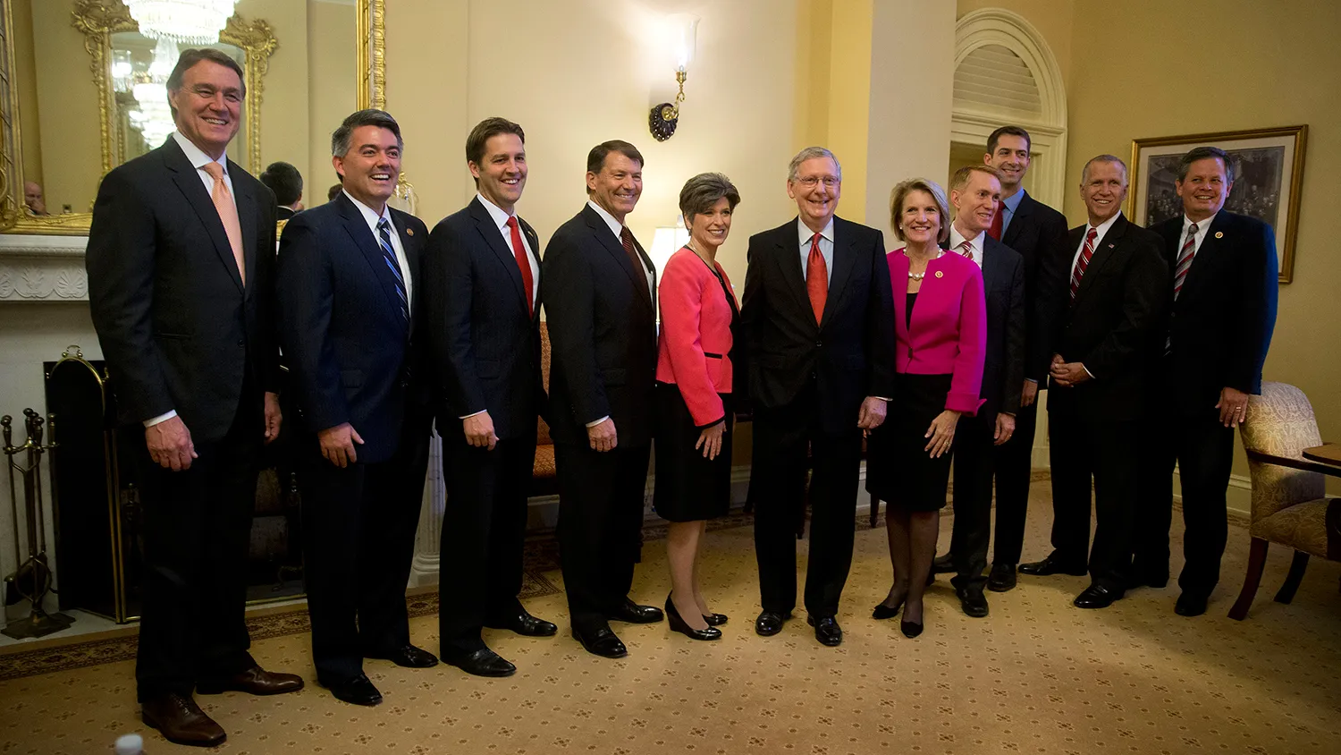 Senate Republican Leader Mitch McConnell, sixth from right, stands with senators-elect at the U.S. Capitol Building in Washington, D.C., U.S., on Wednesday, Nov. 12, 2014.
