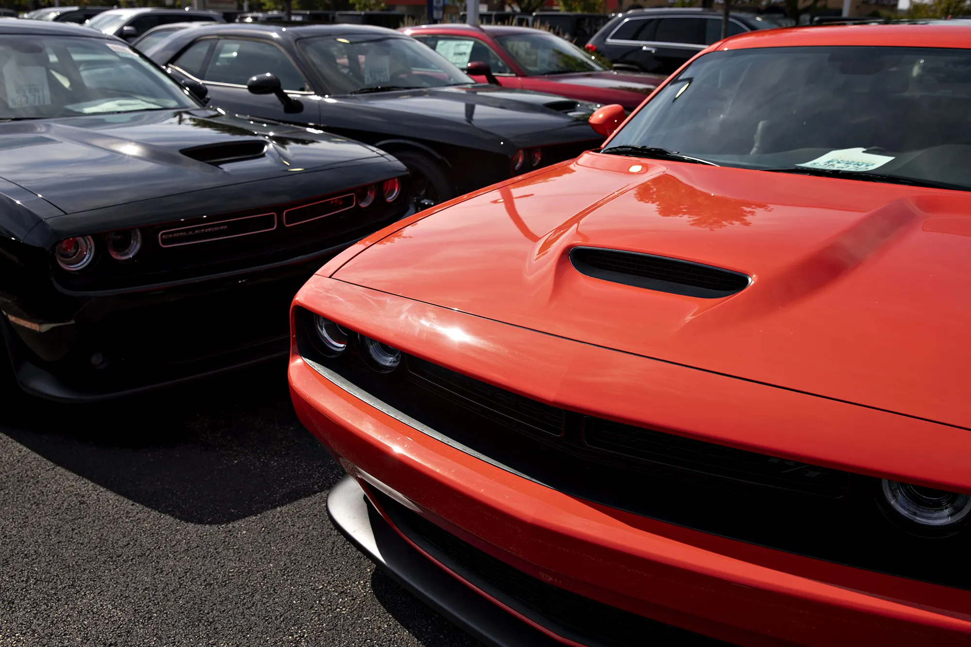 Dodge Challengers sit at a car dealership in Tinley Park, Illinois.