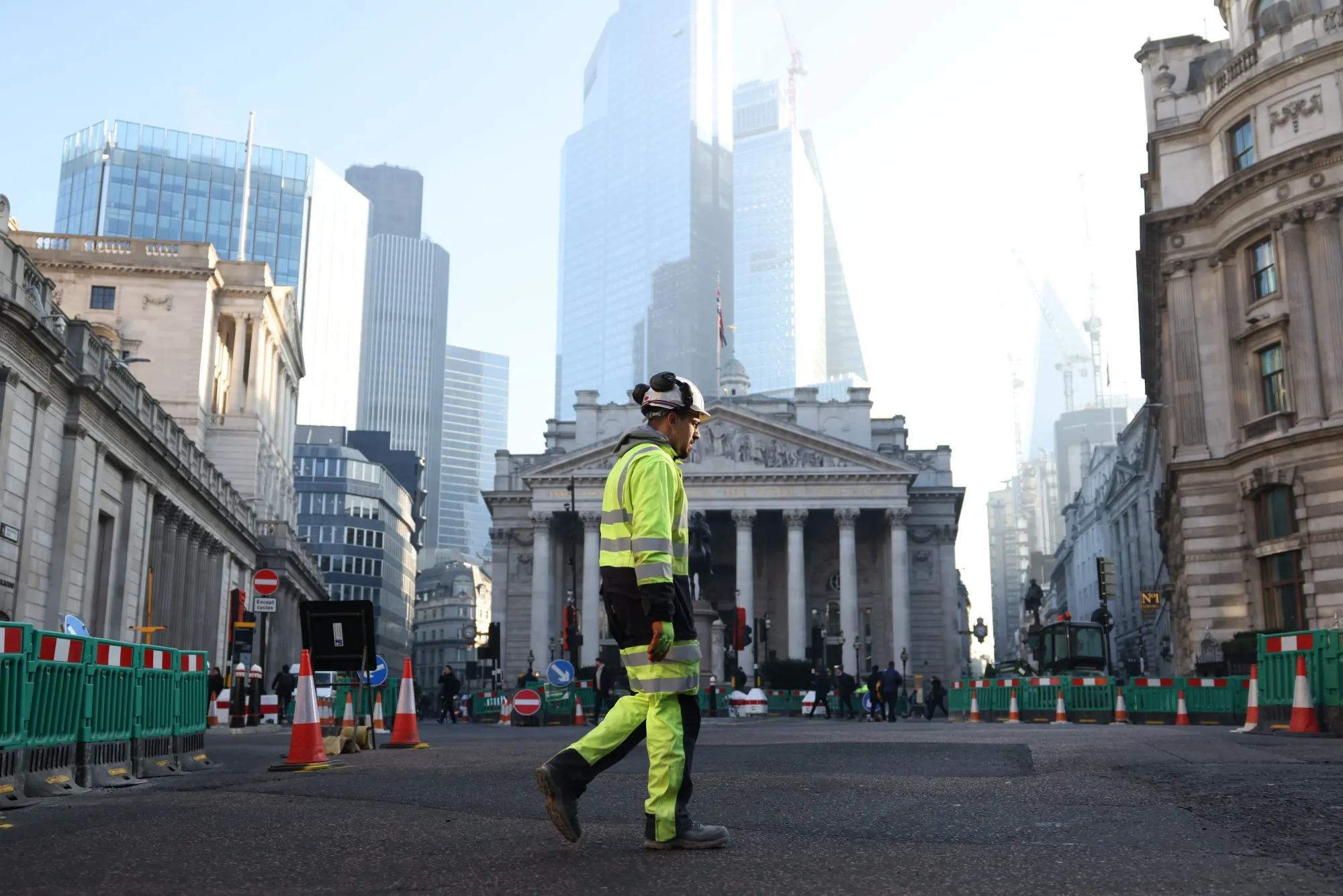 A construction worker near the Bank of England&nbsp;in the City of London.