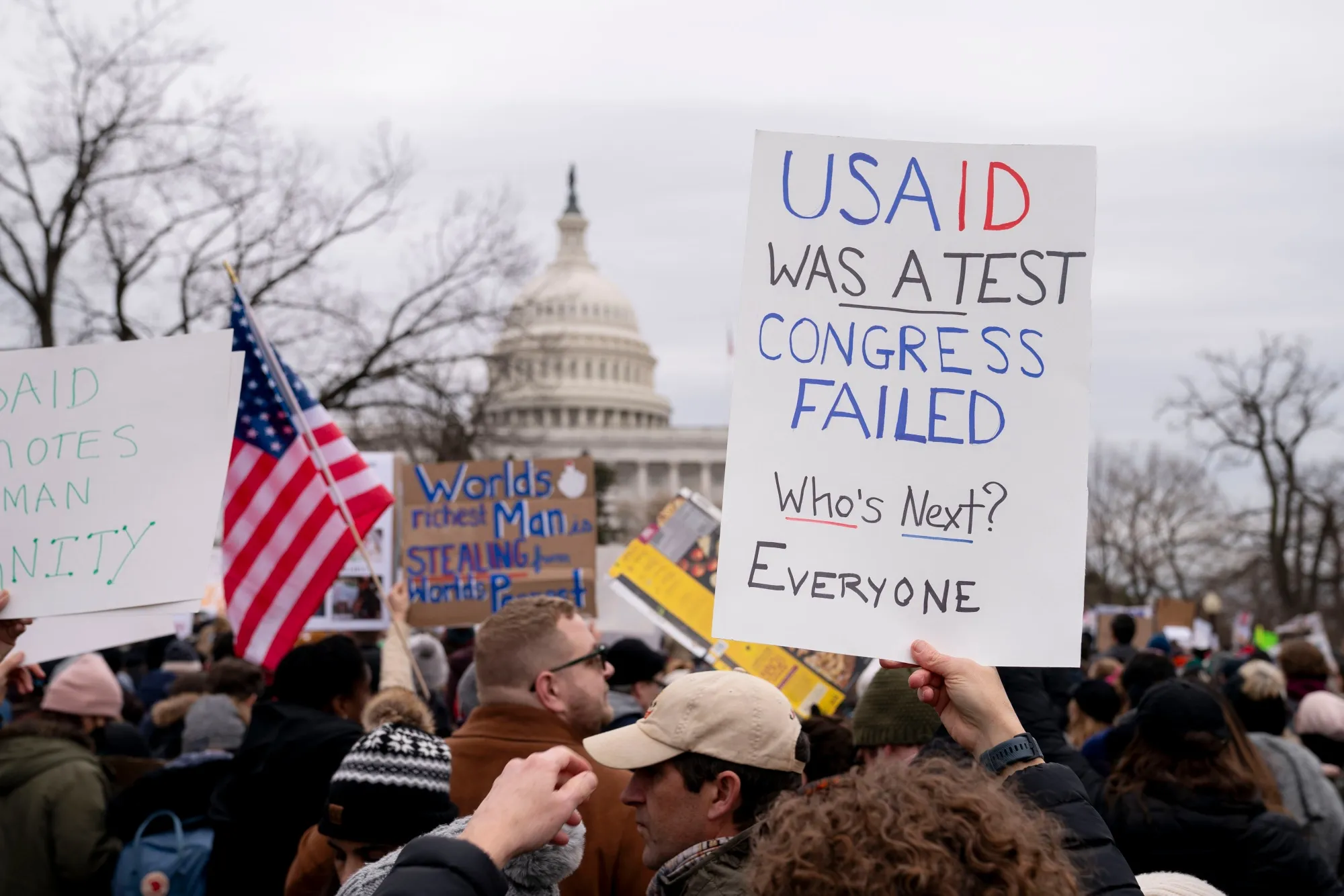 Demonstrators during a protest for the USAID on Capitol Hill in Washington, DC on&nbsp;Feb. 5.
