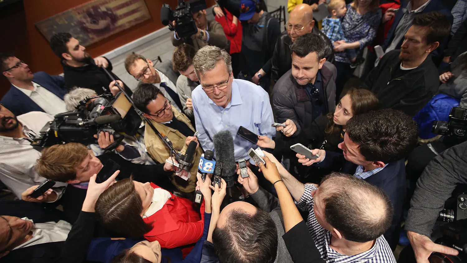 Former Florida Governor Jeb Bush speaks to reporters after an event at a Pizza Ranch restaurant on March 7, 2015 in Cedar Rapids, Iowa.
