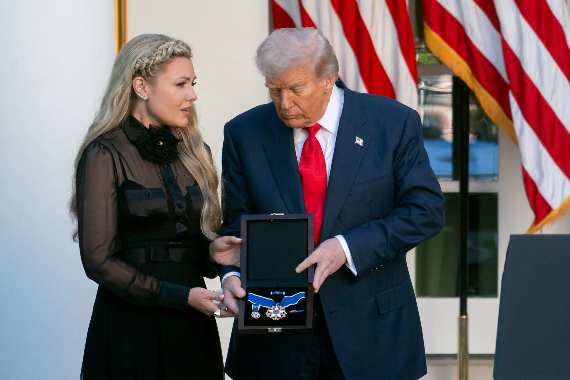 Donald Trump and Erika Kirk during a ceremony in the Rose Garden of the White House on Oct. 14.