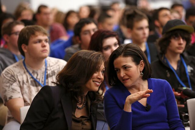 Kamala Harris talking to then-Chief Operating Officer Sheryl Sandberg at Facebook headquarters in 2015.