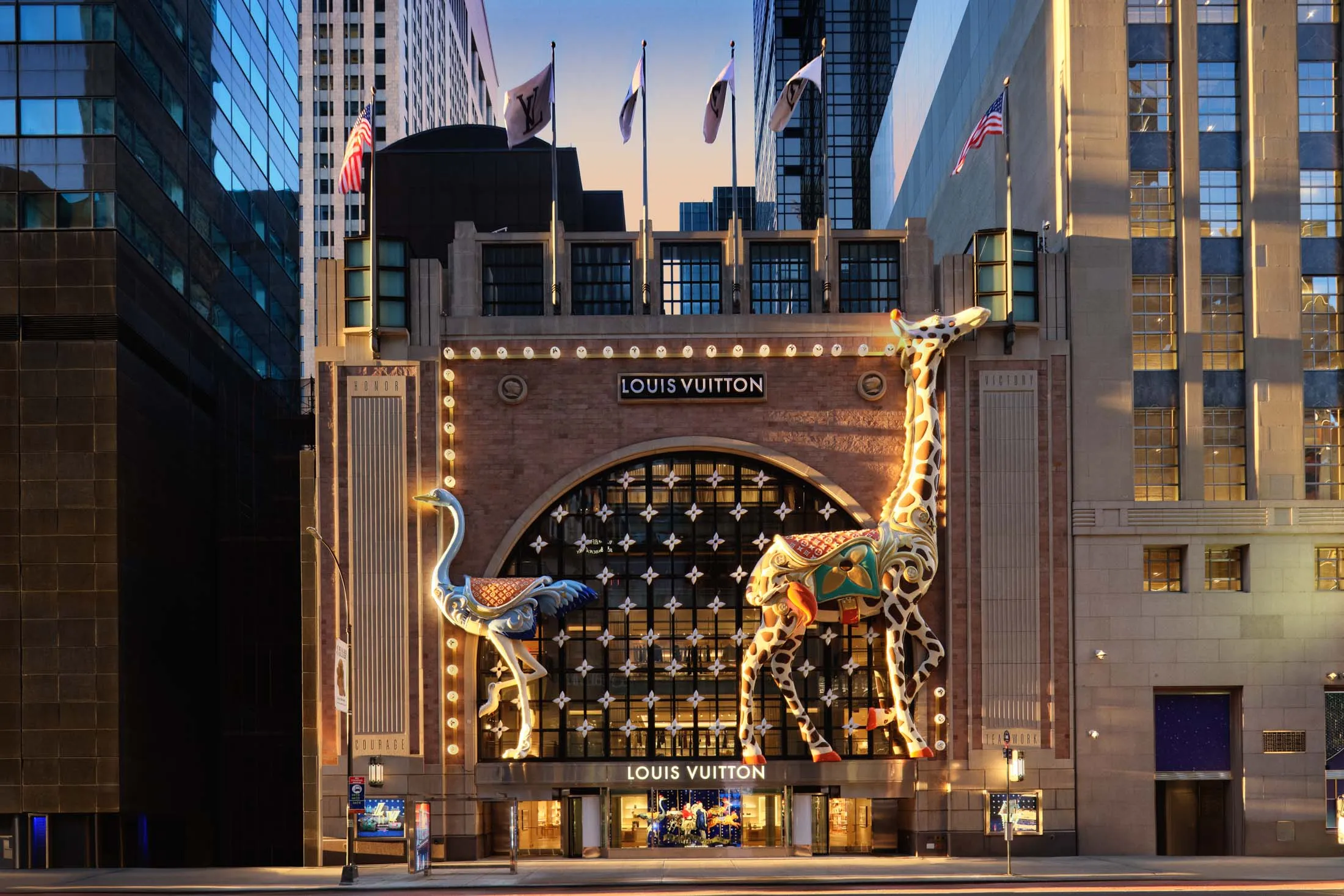 The exterior of the temporary Louis Vuitton store at Fifth Avenue and 57th Street features motifs from the brand’s holiday campaign.