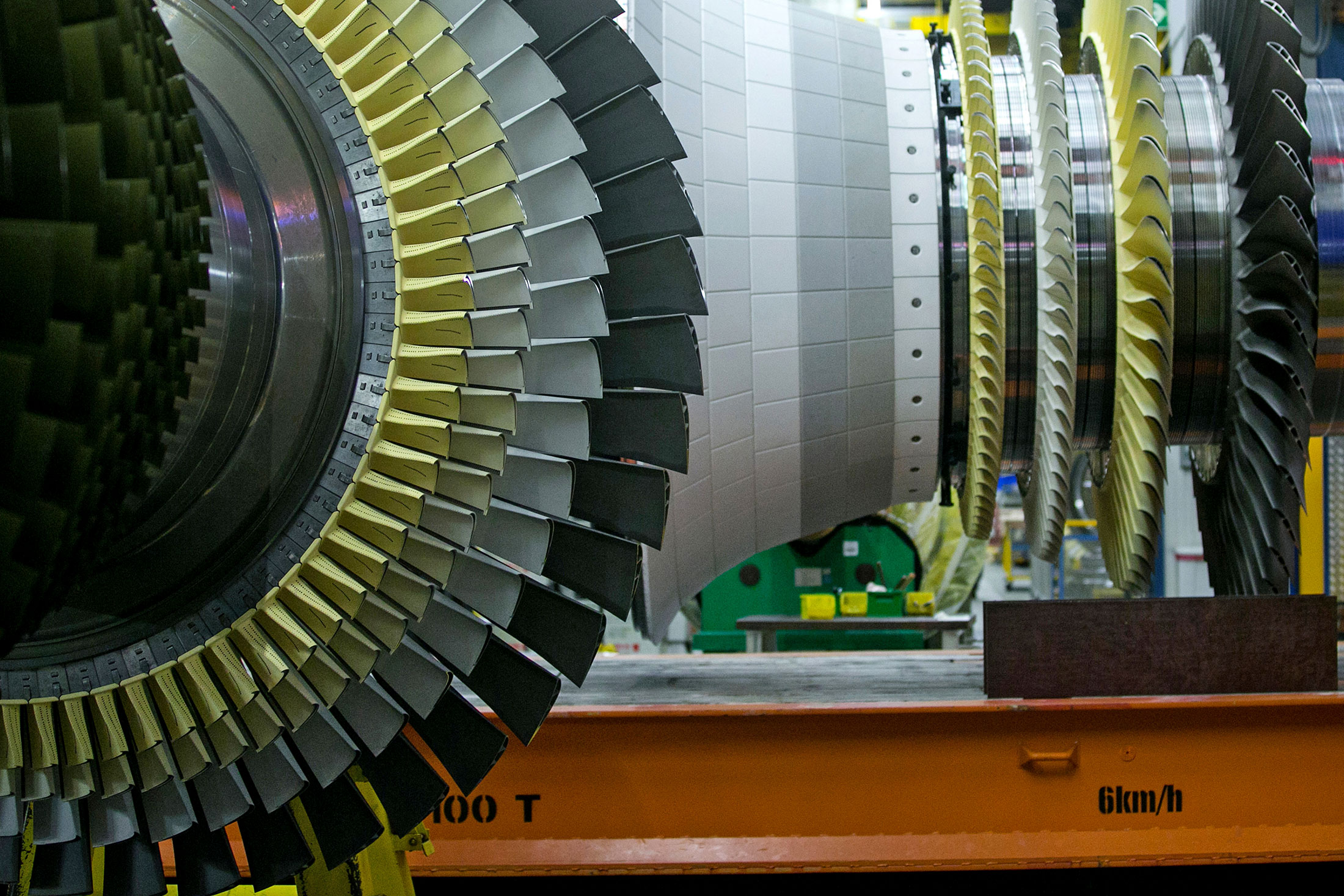 Blades sit on F-class turbines on the assembly line of Siemens AG's gas turbine factory in Berlin, Germany, on Tuesday, Feb. 2, 2016. Siemens, Europe's largest engineering company, criticized the U.K. government for creating uncertainty in the energy industry, saying it hampers investment in gas plants, wind farms and factories.
