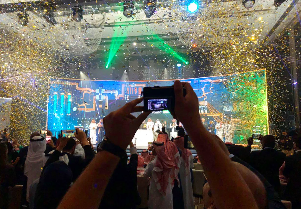 Celebrations&nbsp;during the Aramco IPO event at the Fairmont Hotel in northern Riyadh&nbsp;on Dec. 11.