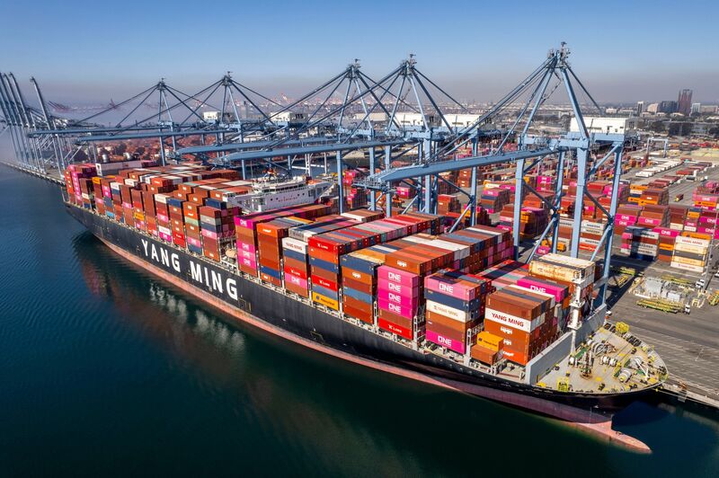 Containers on a Yang Ming Marine Transport Corp. cargo ship at the Port of Long Beach in Long Beach, California, Feb. 20, 2025. 