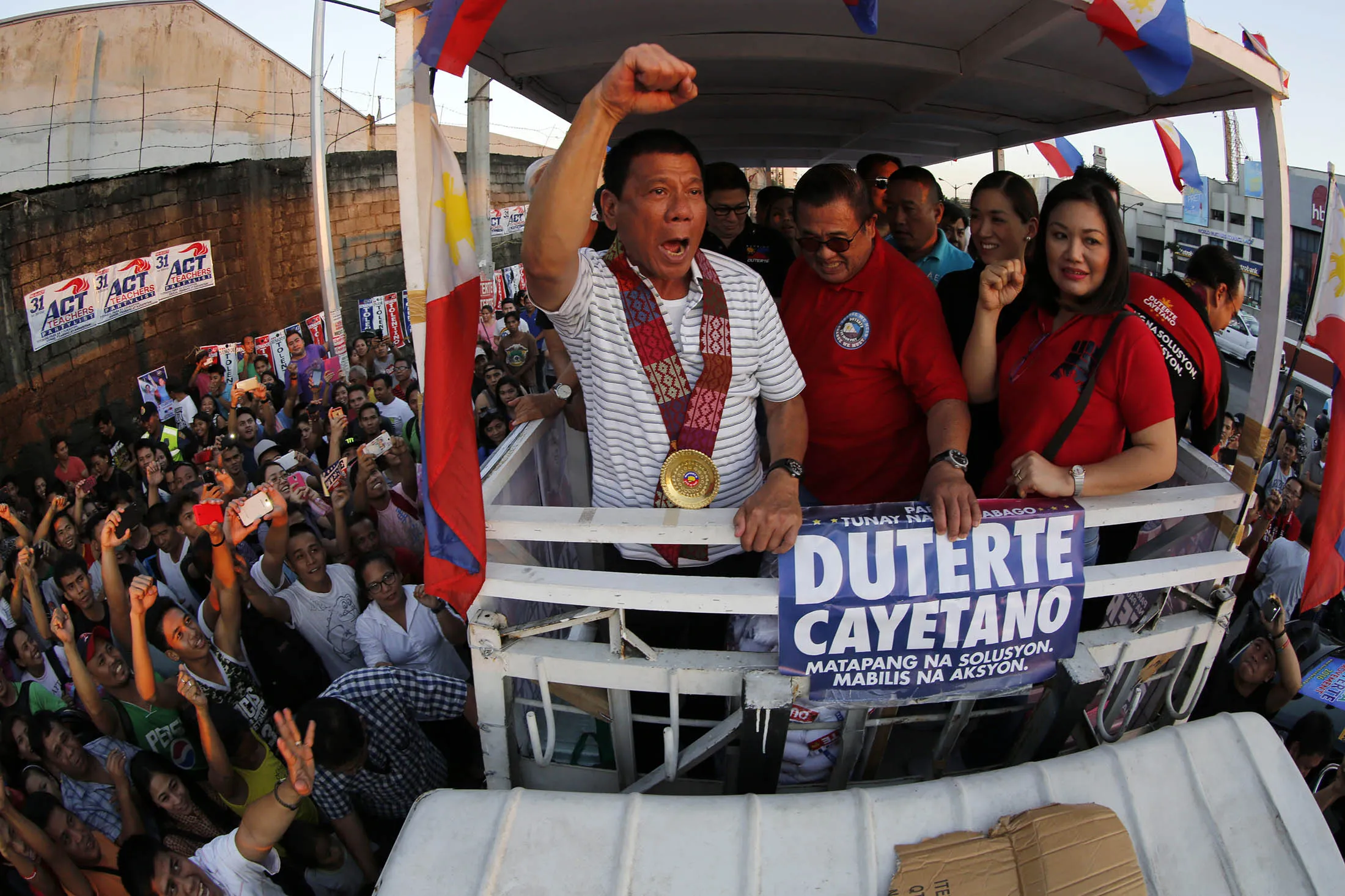Philippine presidential candidate, Davao City Mayor Rodrigo Duterte during an election campaign rally in Quezon city on April 23.
