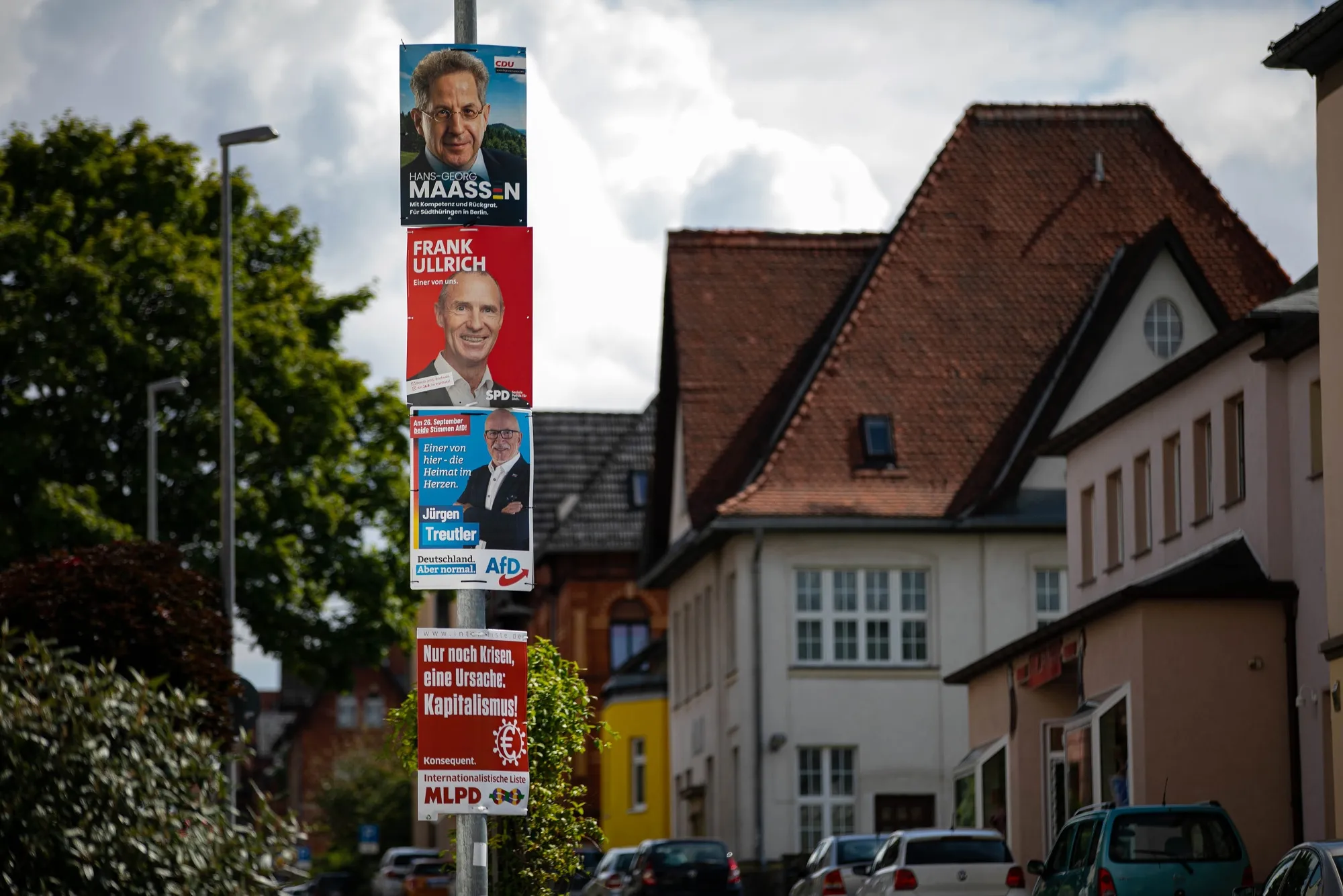 Political campaign posters on a street in Sonneberg, Germany, earlier in August.&nbsp;