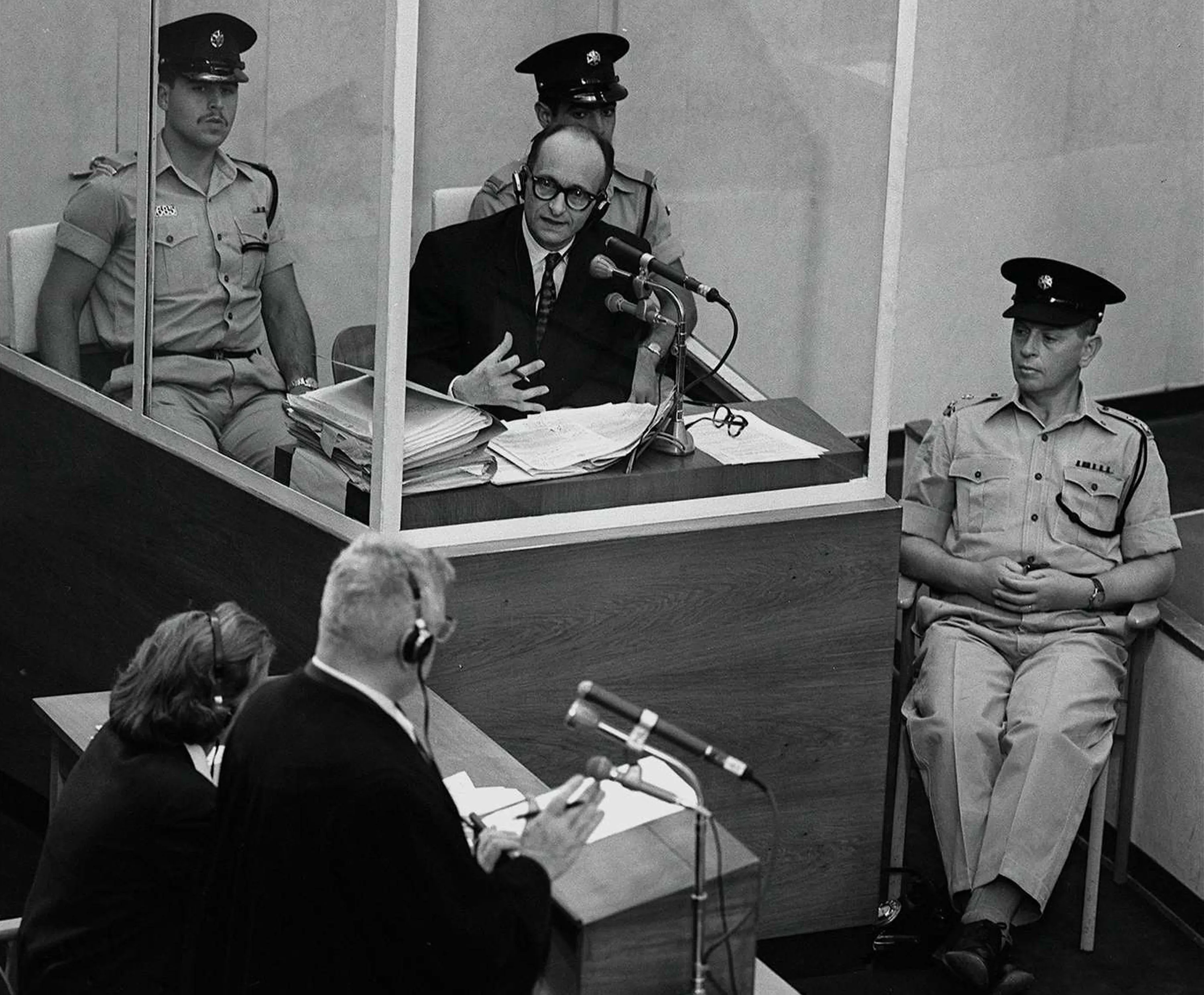 Adolph Eichmann in a bulletproof booth during his trial in Jerusalem, in 1961.