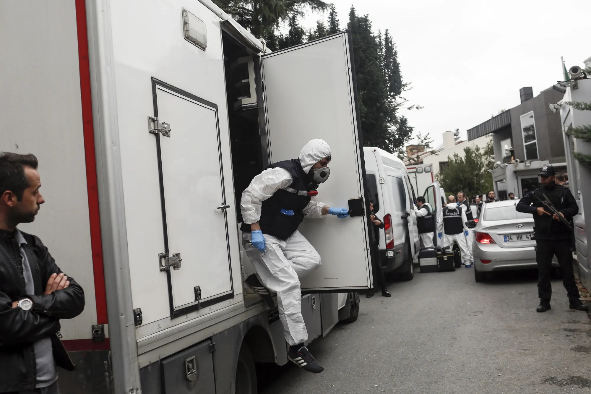 Forensic investigators arrive outside the Saudi Arabian consulate in Istanbul, Turkey, on Wednesday, Oct. 17.