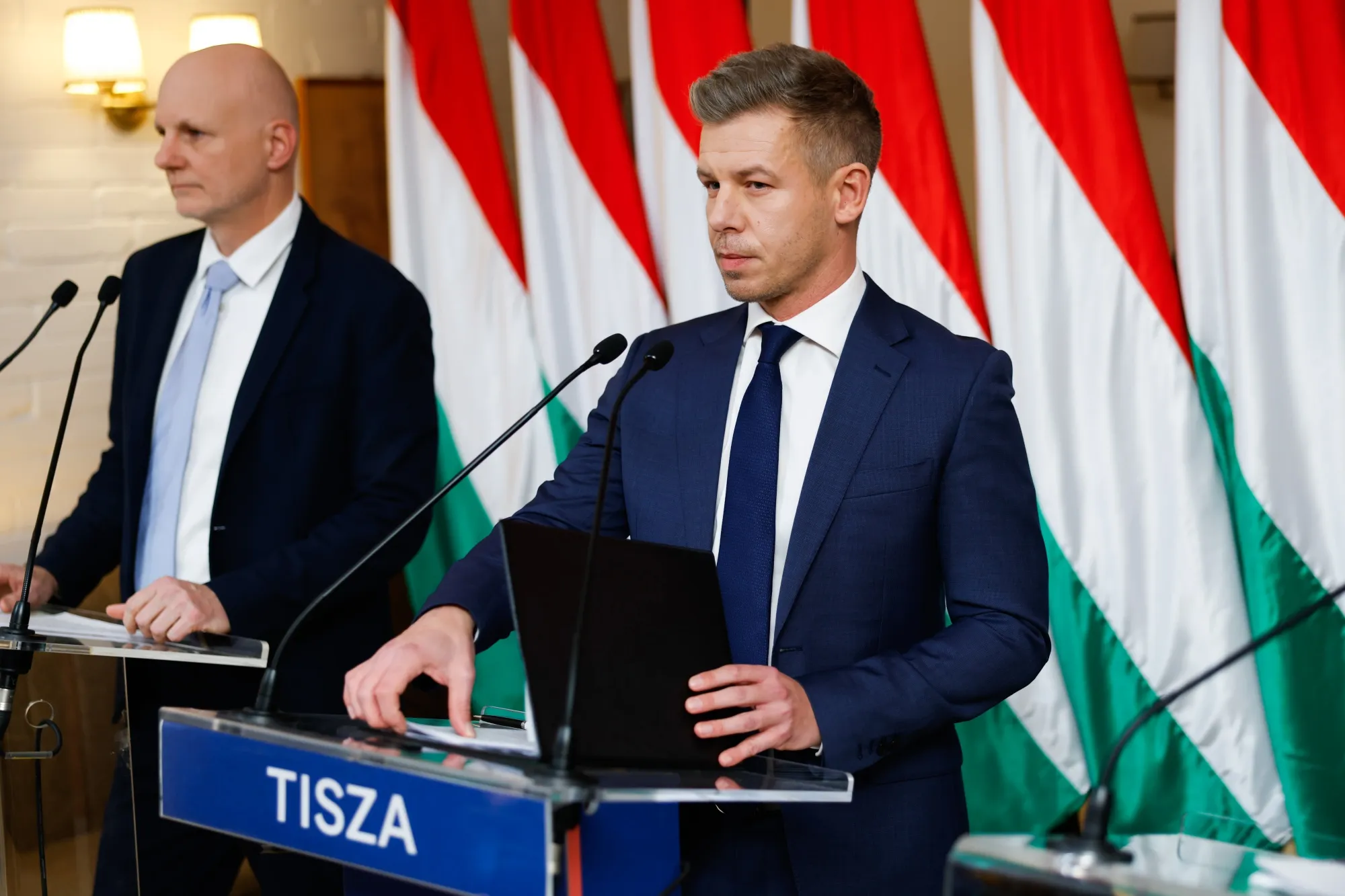 Peter Magyar, right, during a news conference in Budapest.