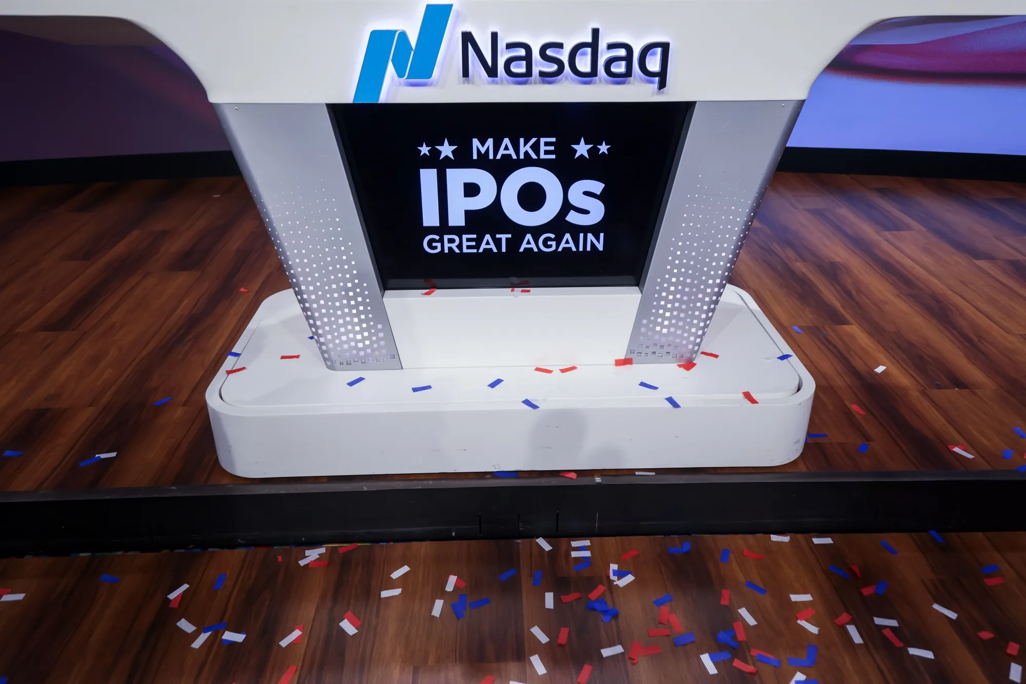 "Make IPOs Great Again" signage at the Nasdaq MarketSite in New York.