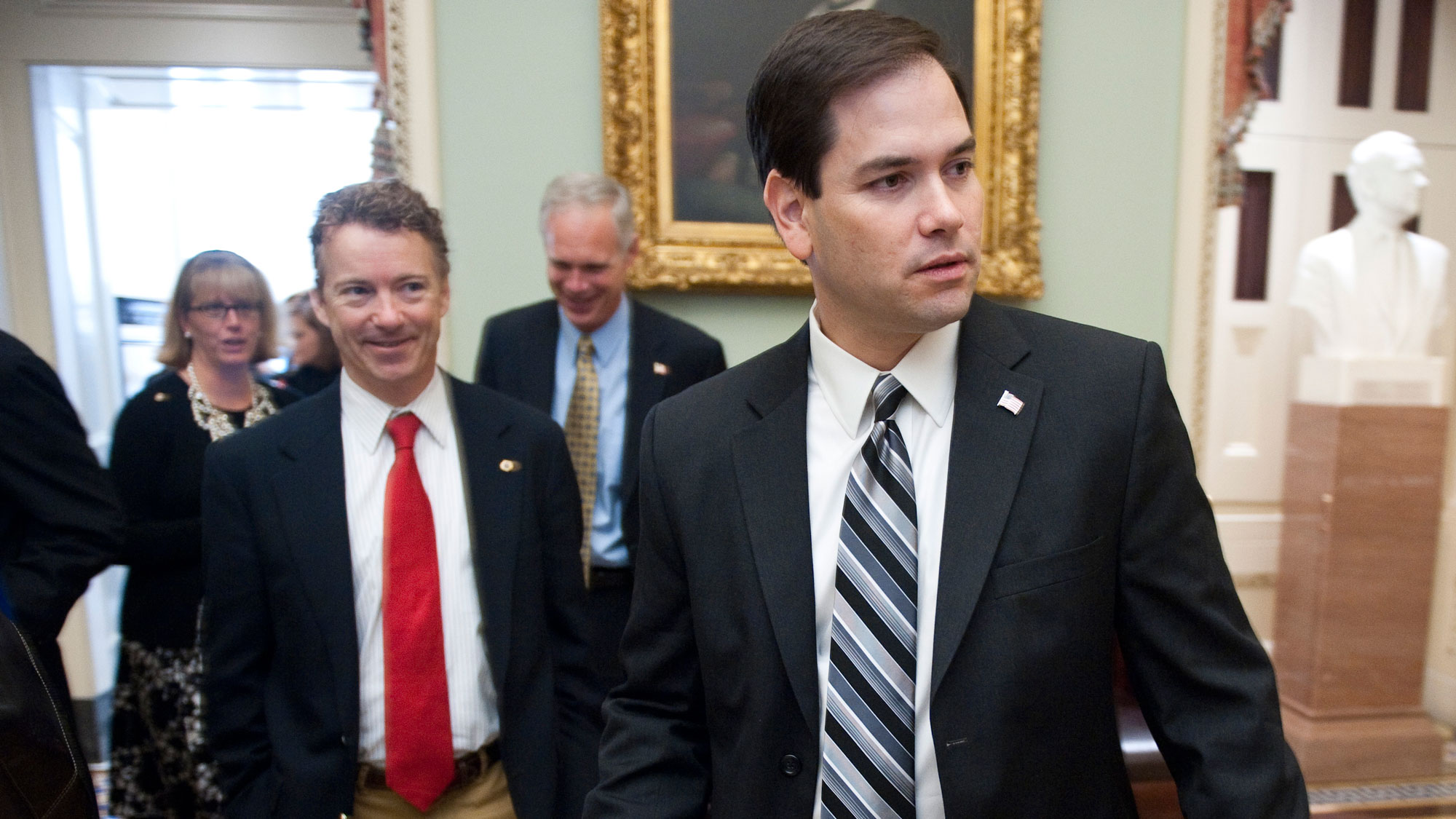 Sen.-elect Rand Paul, R-Ky., and Sen.-elect Marco Rubio, R-Fla., leave the Mansfield Room during a break in freshman orientation on Wednesday, Nov. 17, 2010.
