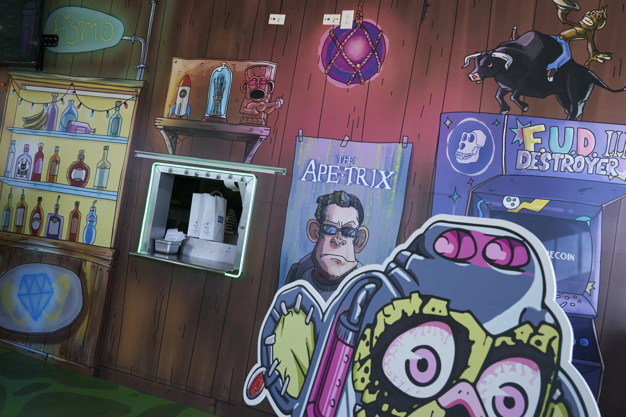 Bored Ape Yacht Club NFT art at a pop up restaurant in California in 2022.