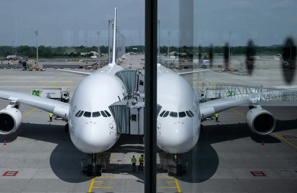 A Lufthansa Airbus A380 aircraft at Munich airport.