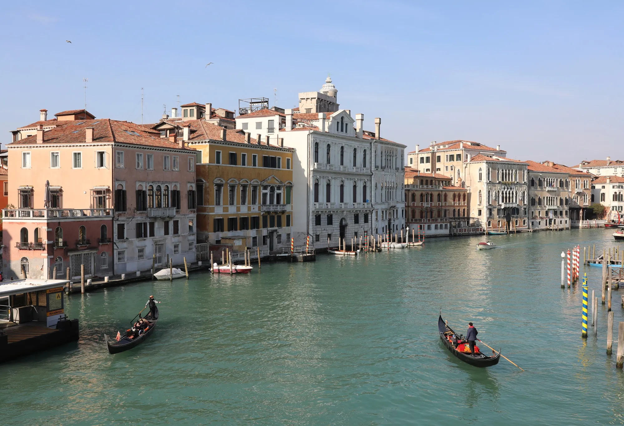 Gondolas&nbsp;on the empty Grand Canal in Venice.