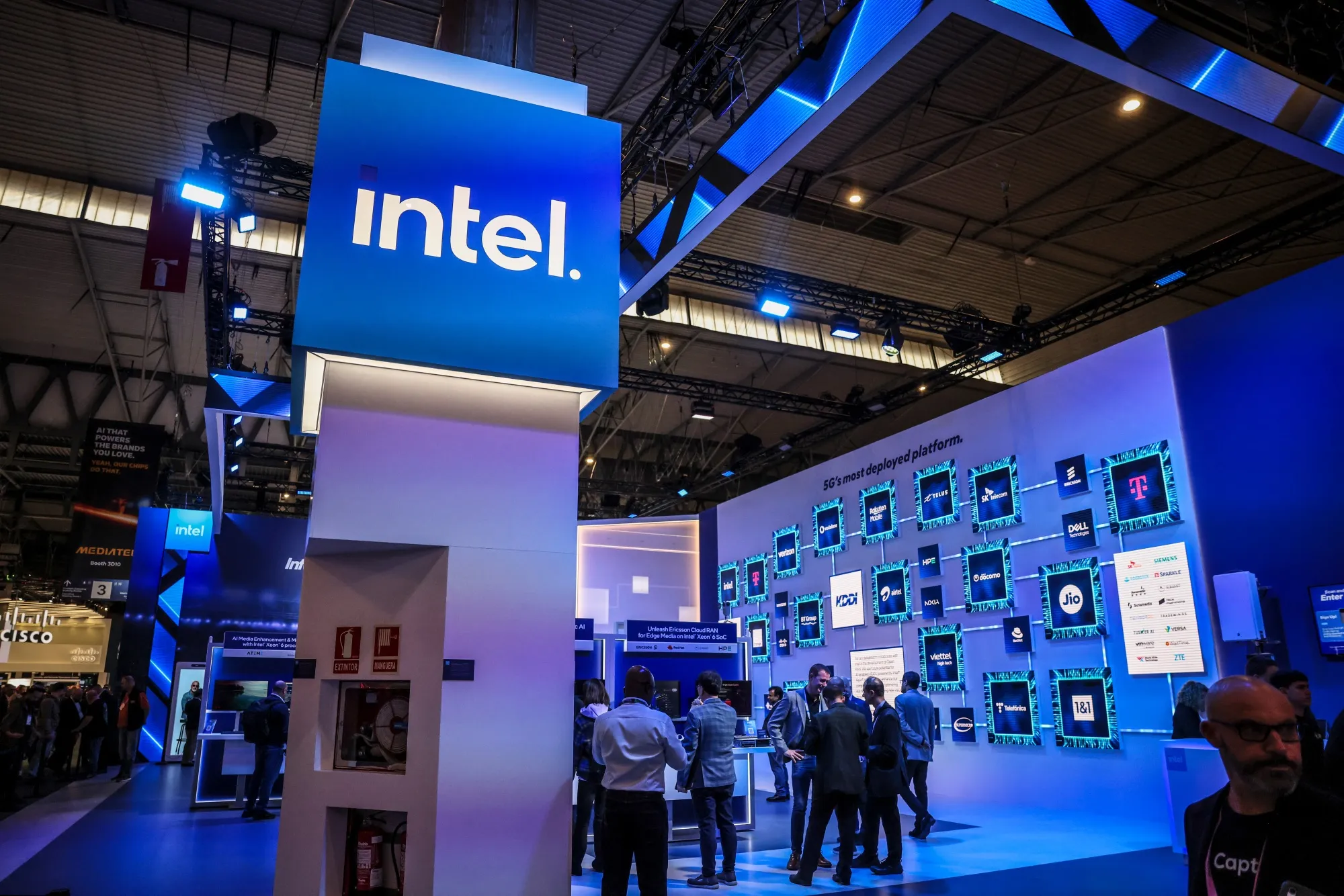 The Intel Corp. pavilion at MWC Barcelona 2026 in Barcelona.