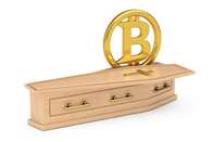 Golden Cryptocurrencies Bitcoin Symbol Sign in Wooden Coffin With Golden Cross and Handles. 3d Rendering