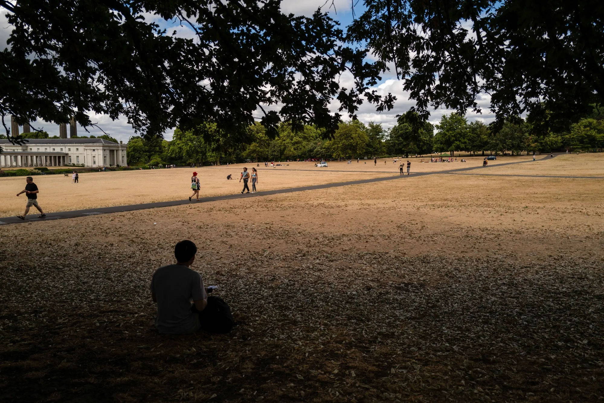 A visitor shelters in the shade of a tree on parched ground in Greenwich Park in the Greenwich district of London, UK, on Wednesday, Aug. 3, 2022. Across London — and most of England — the unprecedented heat this summer has pushed plant life, infrastructure and residents to the edge.