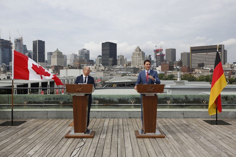 Olaf Scholz and Justin Trudeau speak during a news conference in Montreal on Aug. 22, 2022. Photographer: David Kawai/Bloomberg