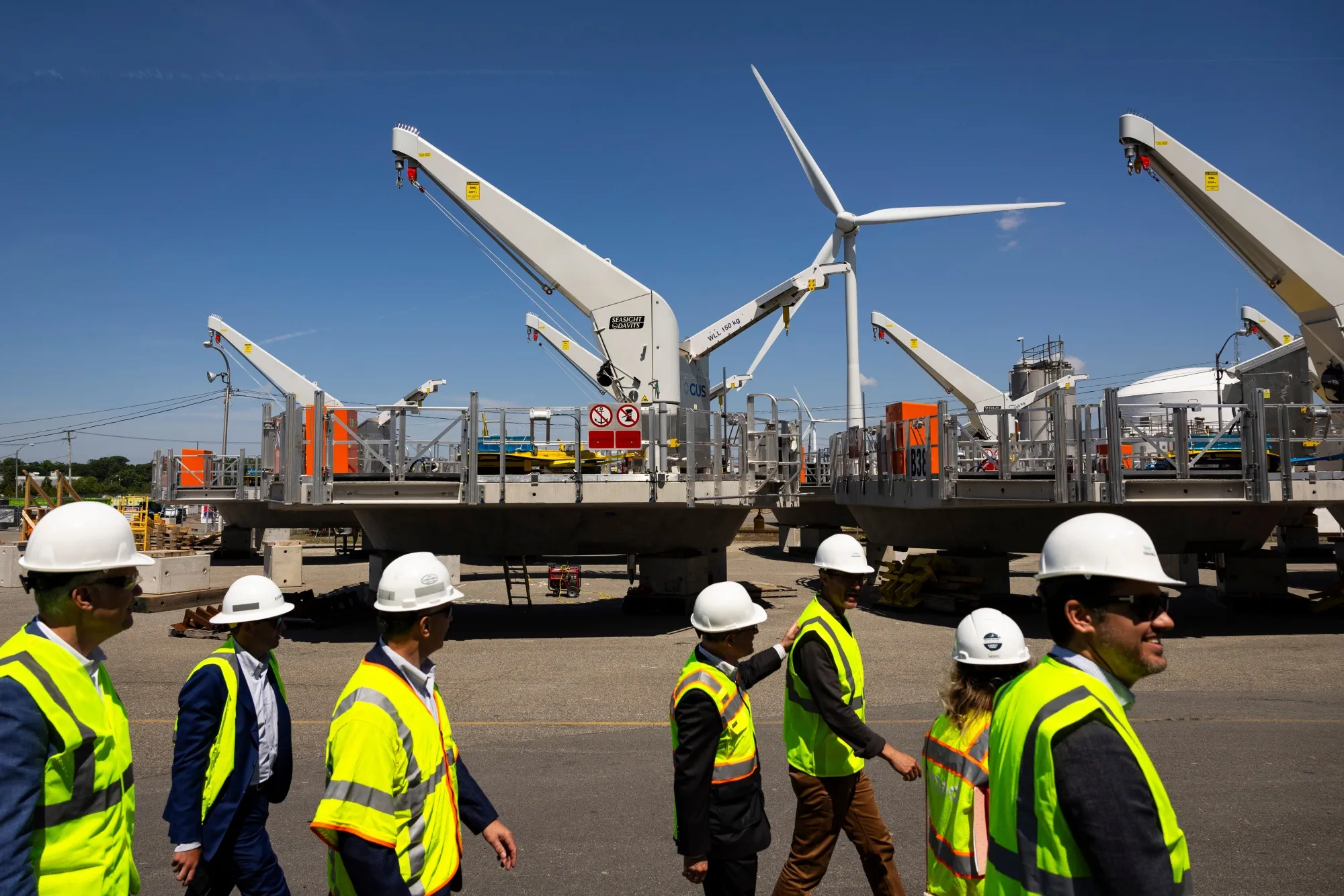Wind turbine foundation components at a&nbsp;construction hub at the Port of Providence in Rhode Island.