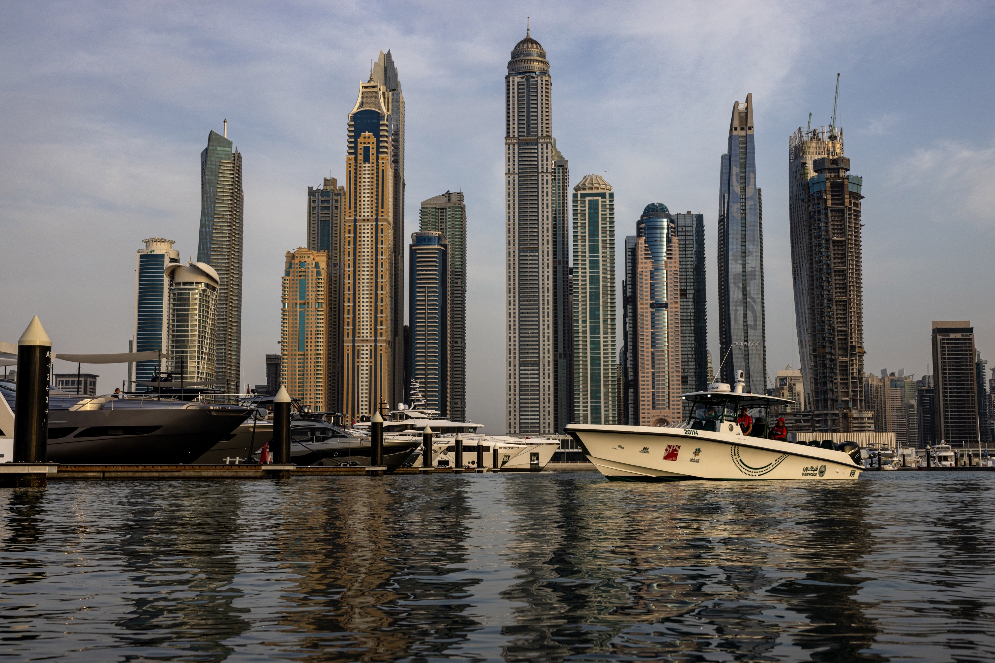 A police boat patrols the waters of the Dubai Marina on March 9.
