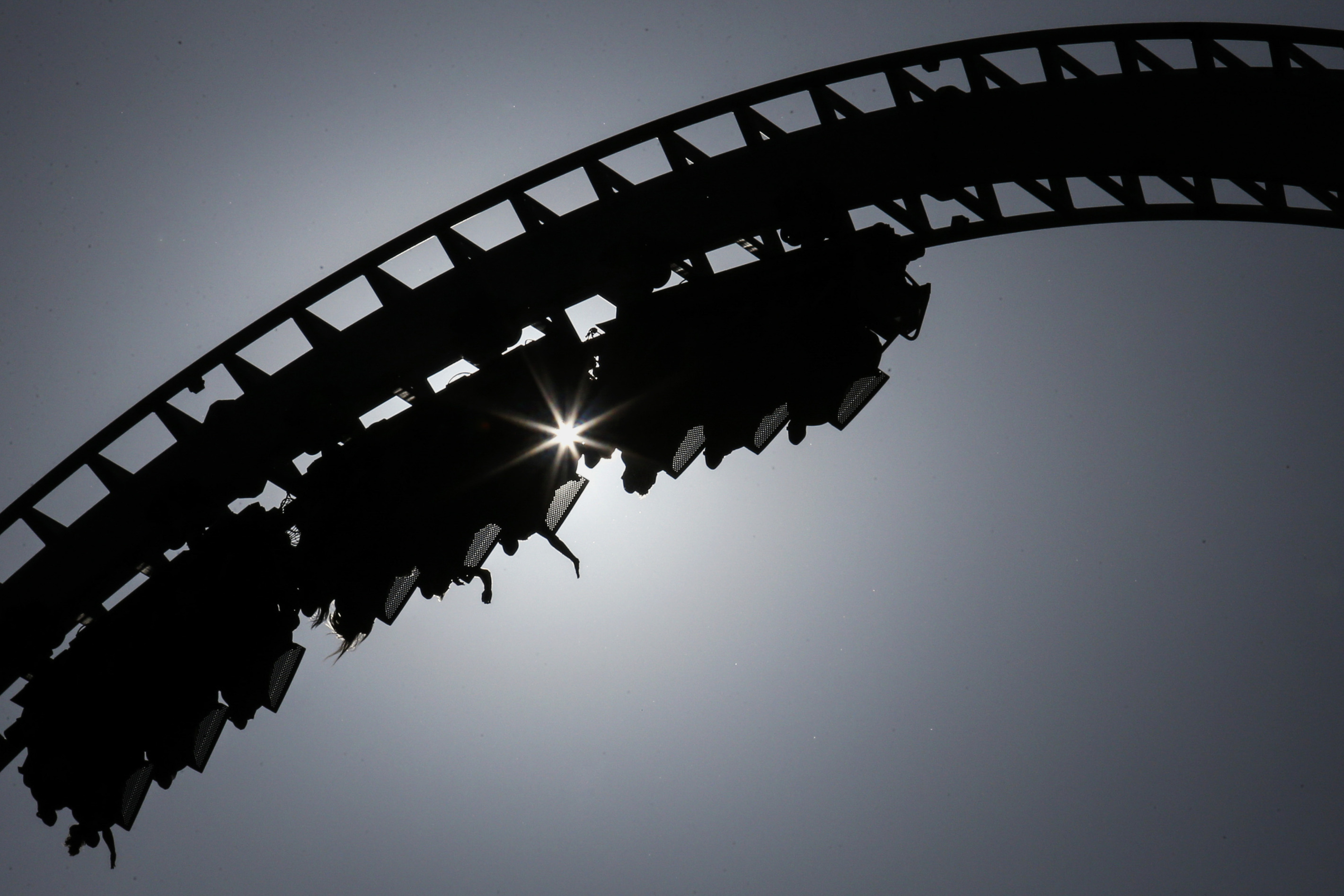 Visitors ride the Tatsu roller coaster at Six Flags Magic Mountain in Valencia, California, in 2015.&nbsp;