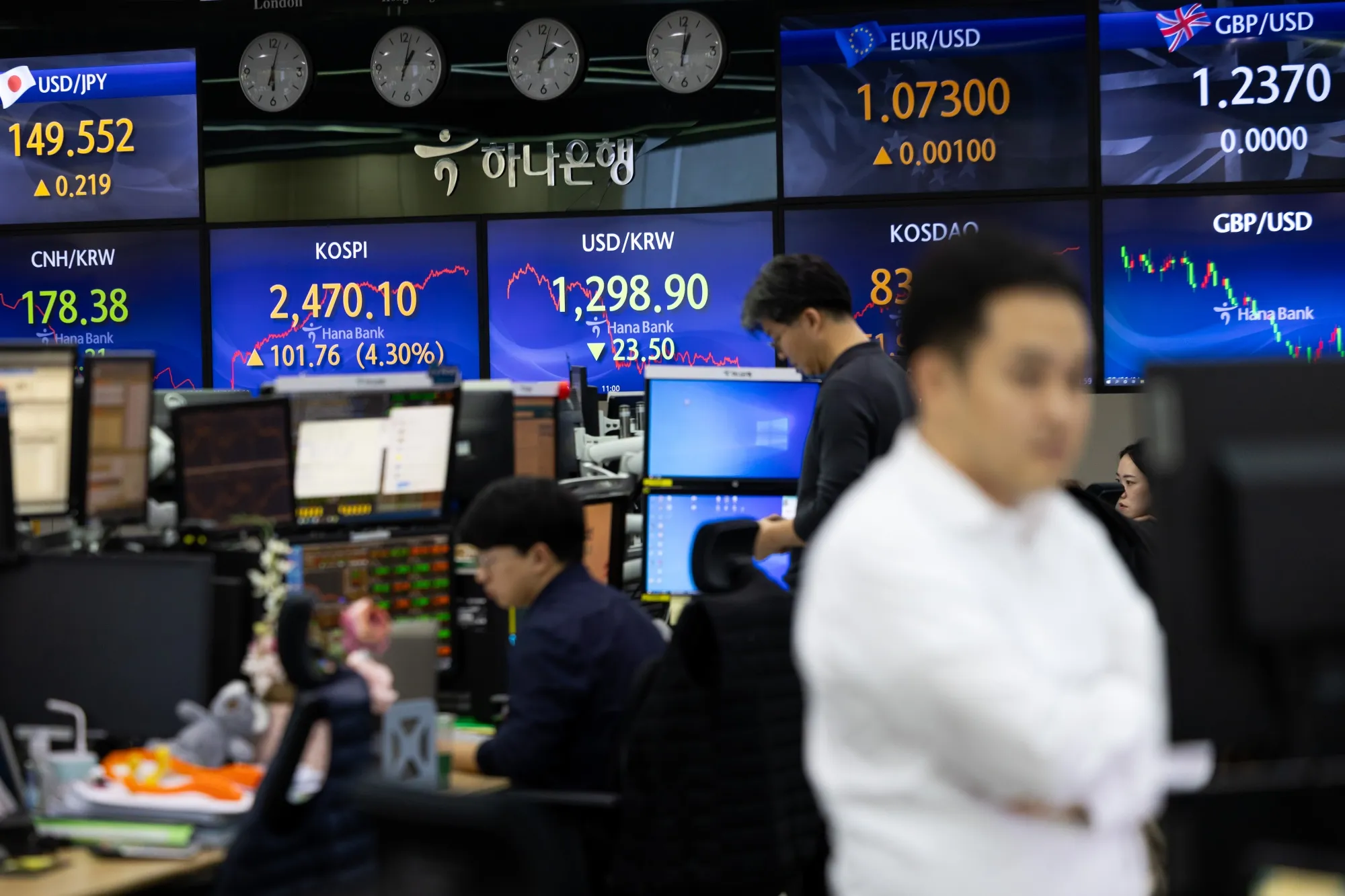 Foreign currency dealers work in Seoul, South Korea.