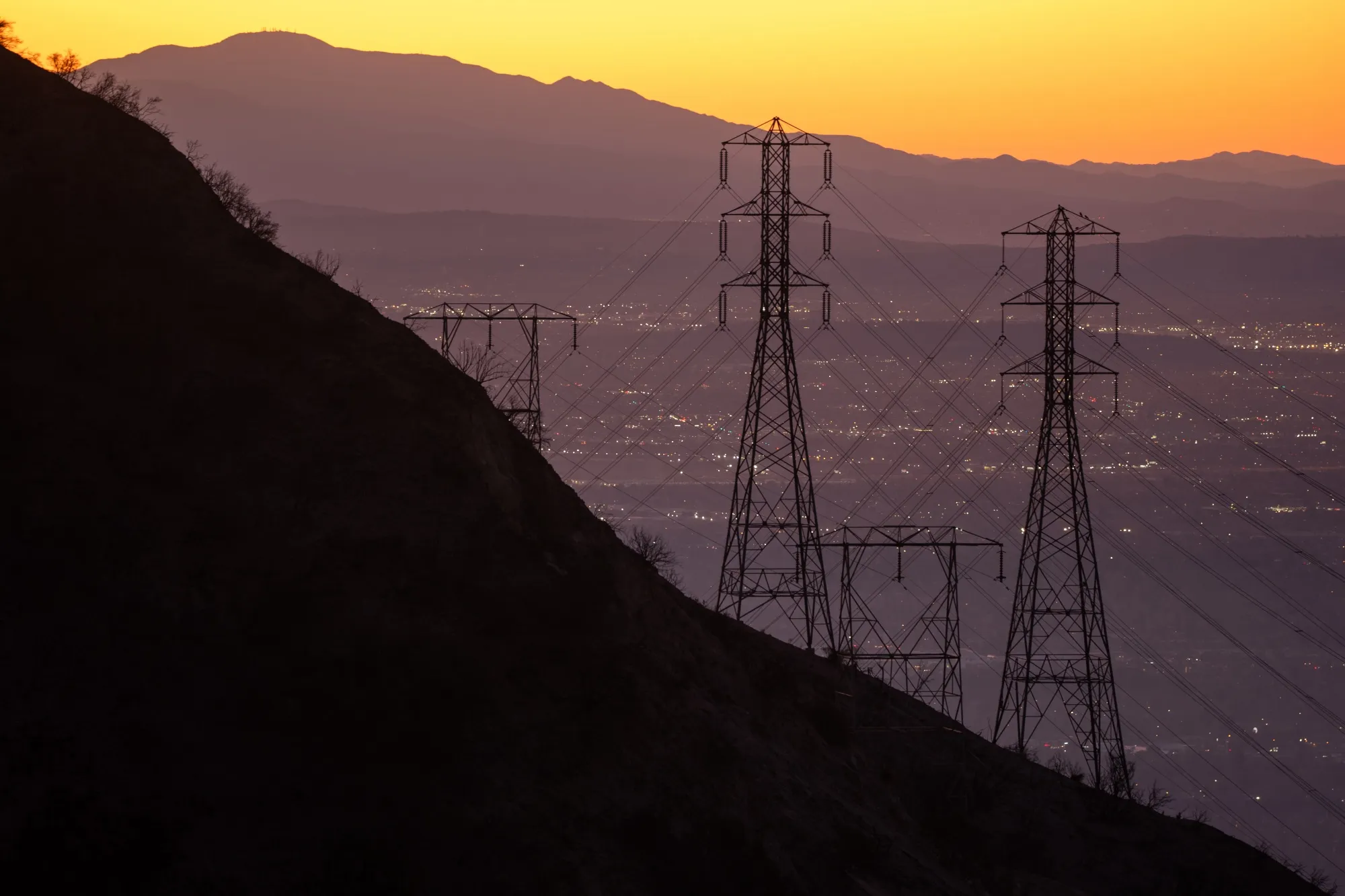 Electrical transmission lines after the Eaton Fire in Altadena, California, in January.