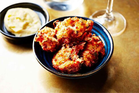 Spicy prawn fritters with alioli at Jose Pizarro.