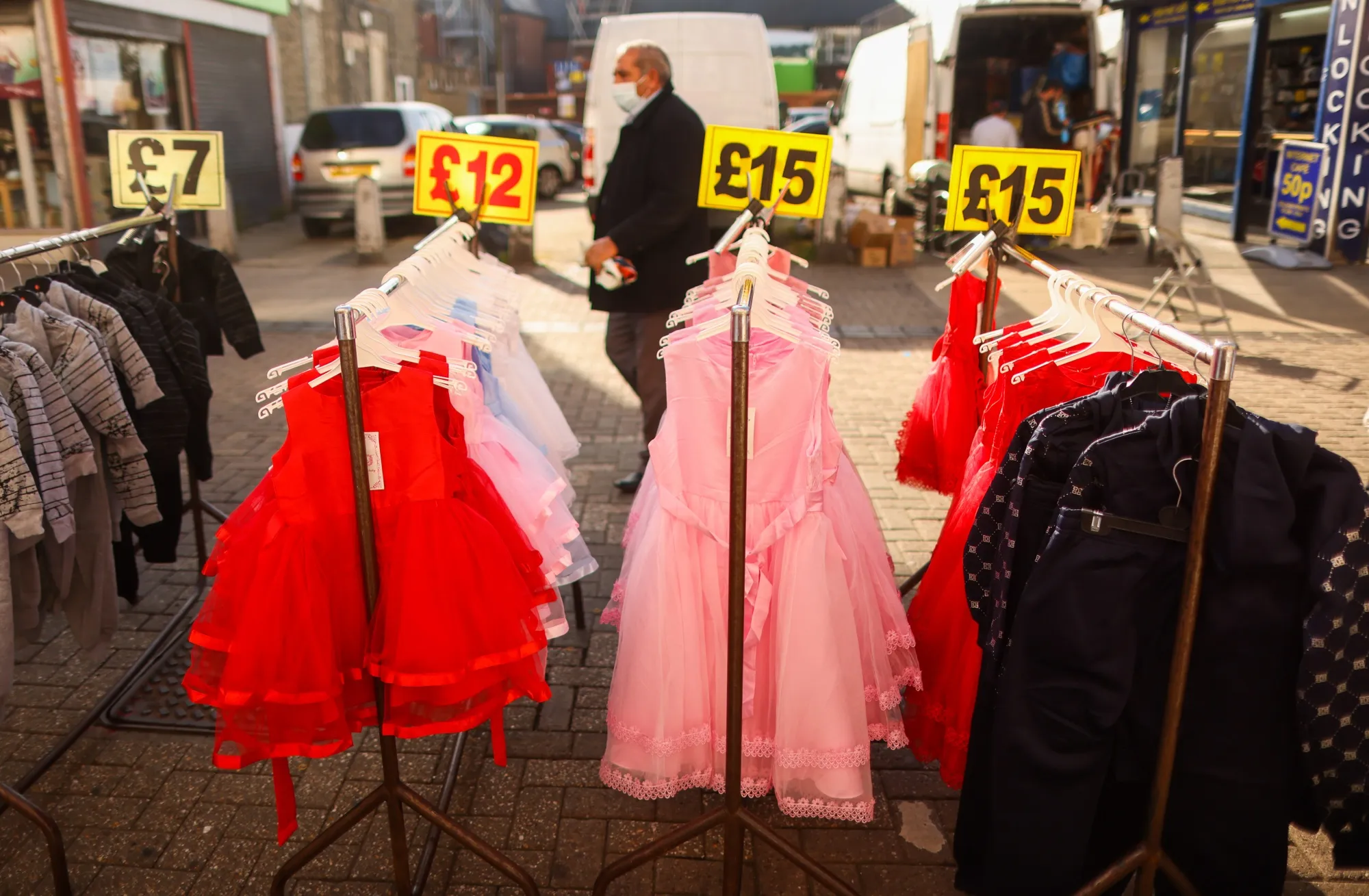 Price signs above rails of clothes at Walthamstow Market in London.